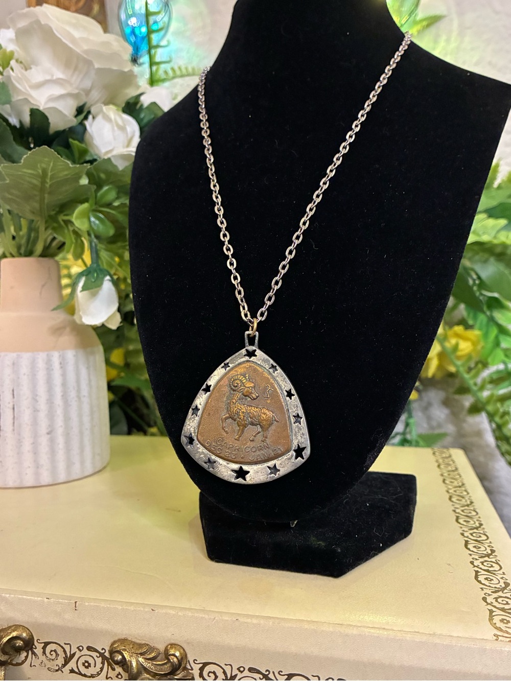 Zodiac Capricorn Coin Pendant Necklace - Two-Tone Silver & Bronze